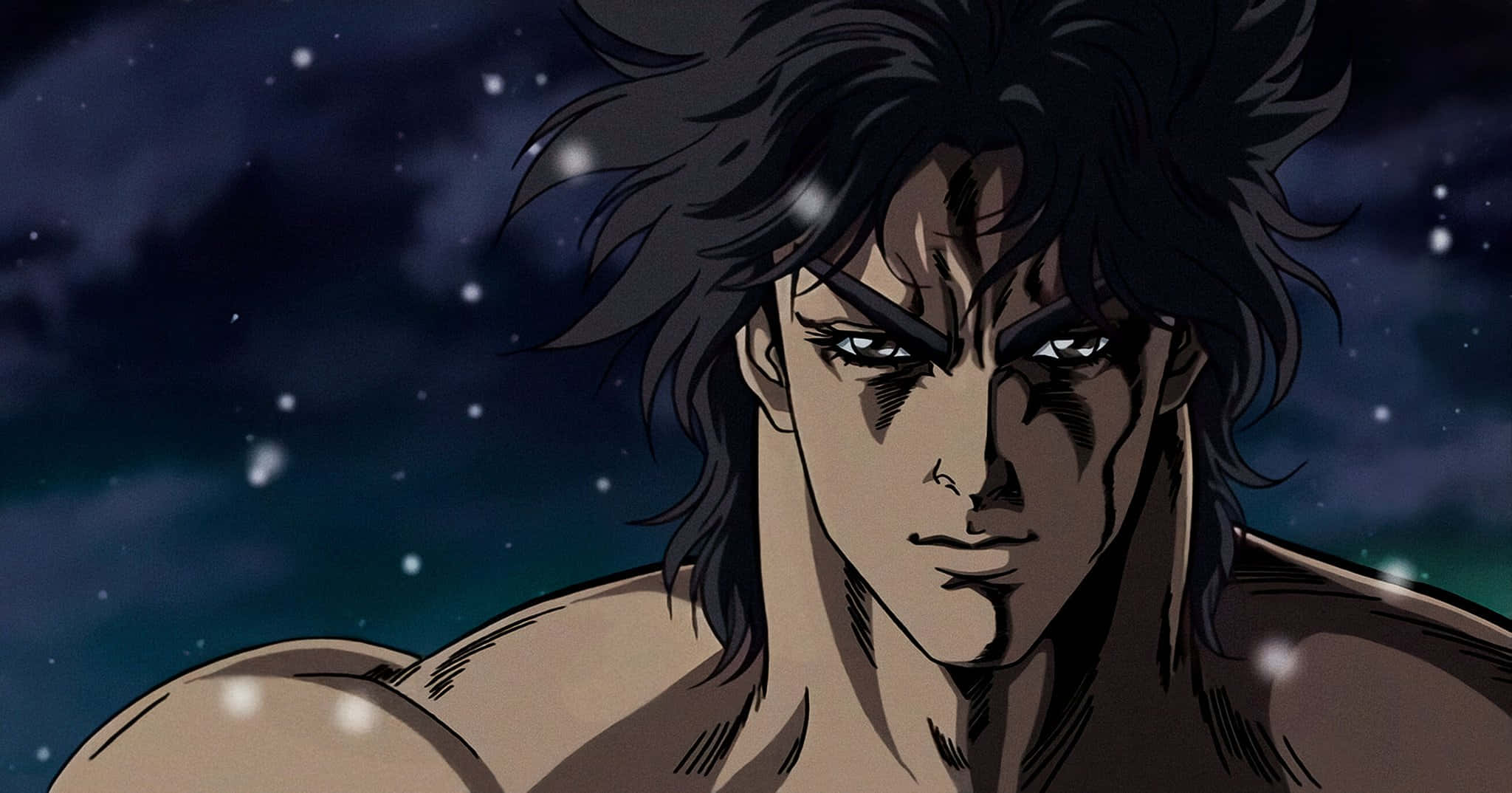 Phantom Blood 桌布 壁紙 — 一位肌肉發達的動漫戰士，深色頭髮，在繁星點點的夜空下，雪花飄落，他凝視著前方。