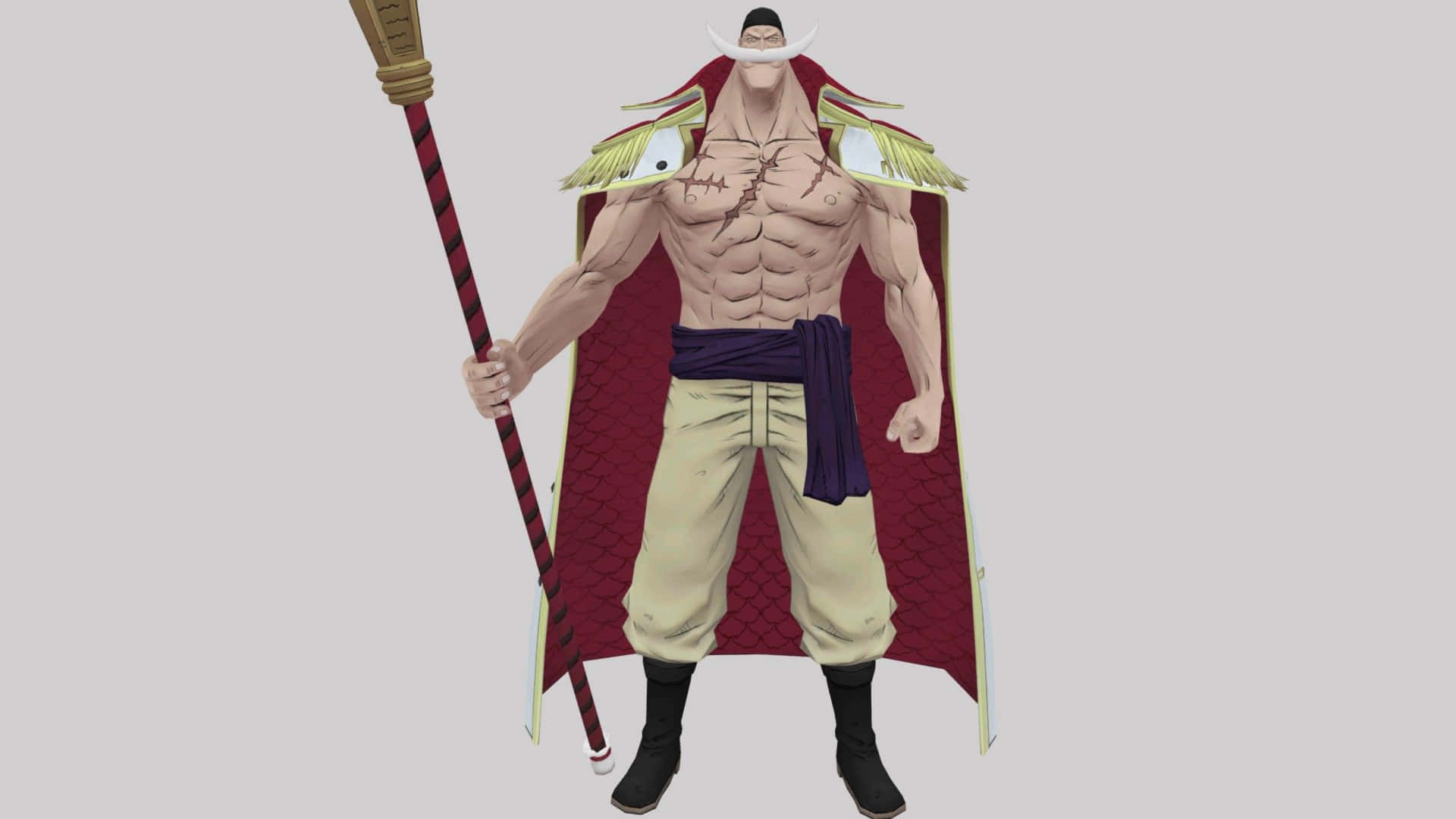 Edward Newgate 桌布 壁紙 — 一位肌肉發達的動漫戰士，留著白色鬍鬚，披著紅色斗篷，在純灰色背景前高舉長杖。