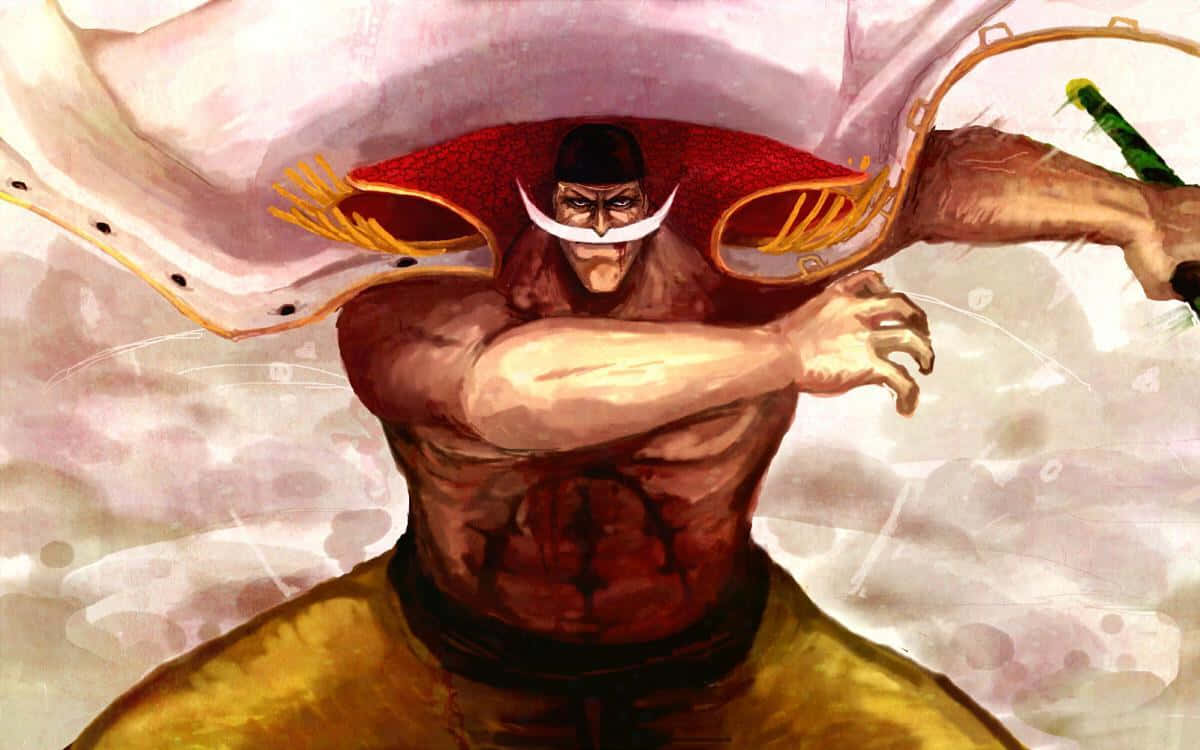 Whitebeard 桌布 壁紙 — 一位肌肉發達的動漫戰士，留著白色鬍鬚，披著紅色斗篷，手持劍以動態戰鬥姿勢向前猛衝。
