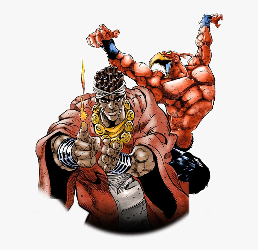 Muhammad Avdol 桌布 壁紙 — 一位肌肉發達的動漫戰士，身穿紅色長袍和金色珠寶，手持燃燒的火把向前指，身後一隻紅色鷹頭生物在咆哮。
