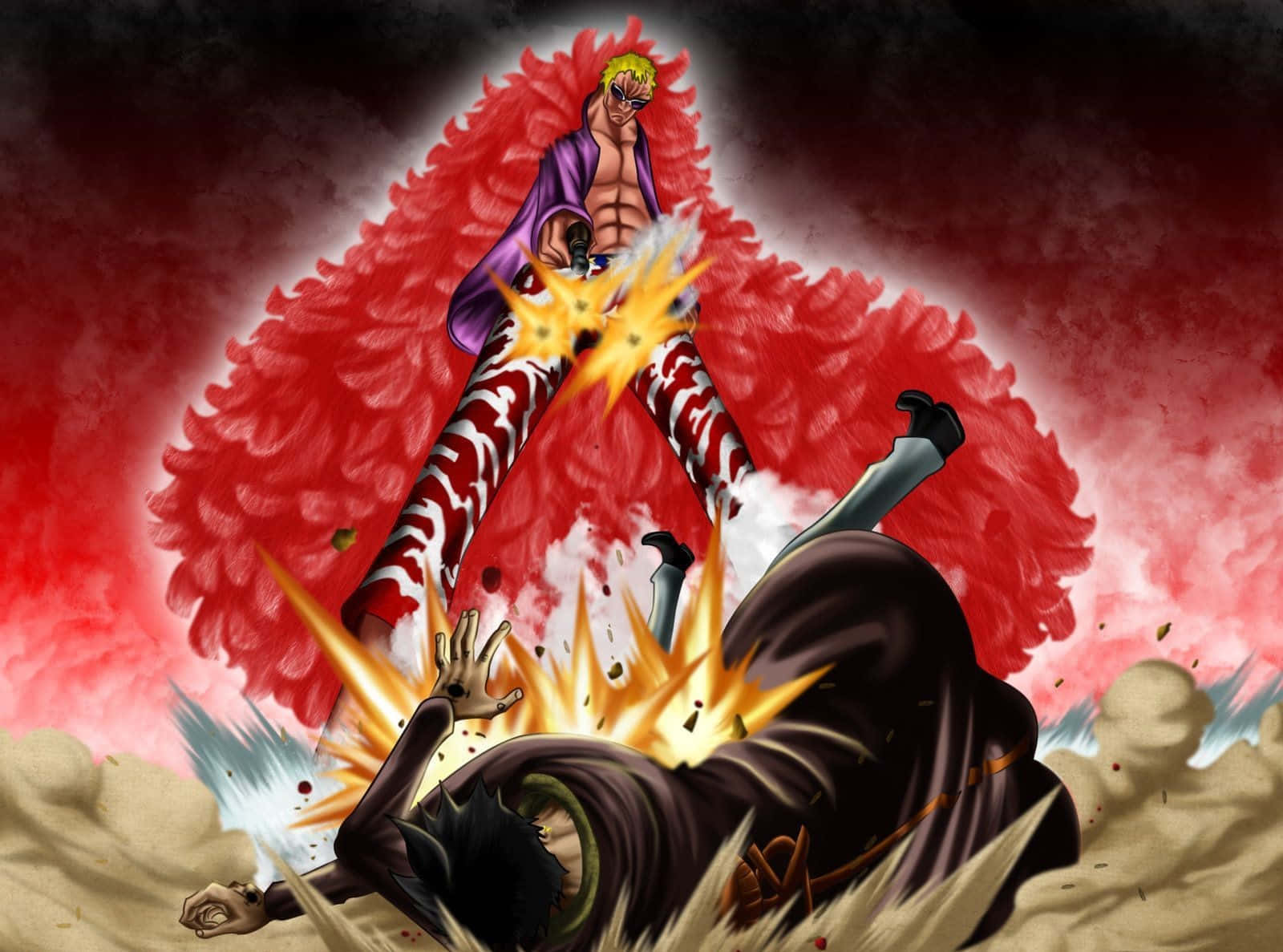 Donquixote Doflamingo 桌布 壁紙 — 一位肌肉發達的動漫戰士，身穿紫色外套，散發紅色氣場，在猛烈爆炸中擊倒對手。
