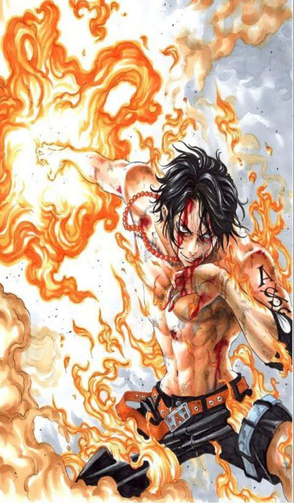 portgas d ace 桌布 壁紙 — 一位肌肉發達的動漫戰士，黑髮紅紋，在動態戰鬥姿勢中釋放熾熱能量。