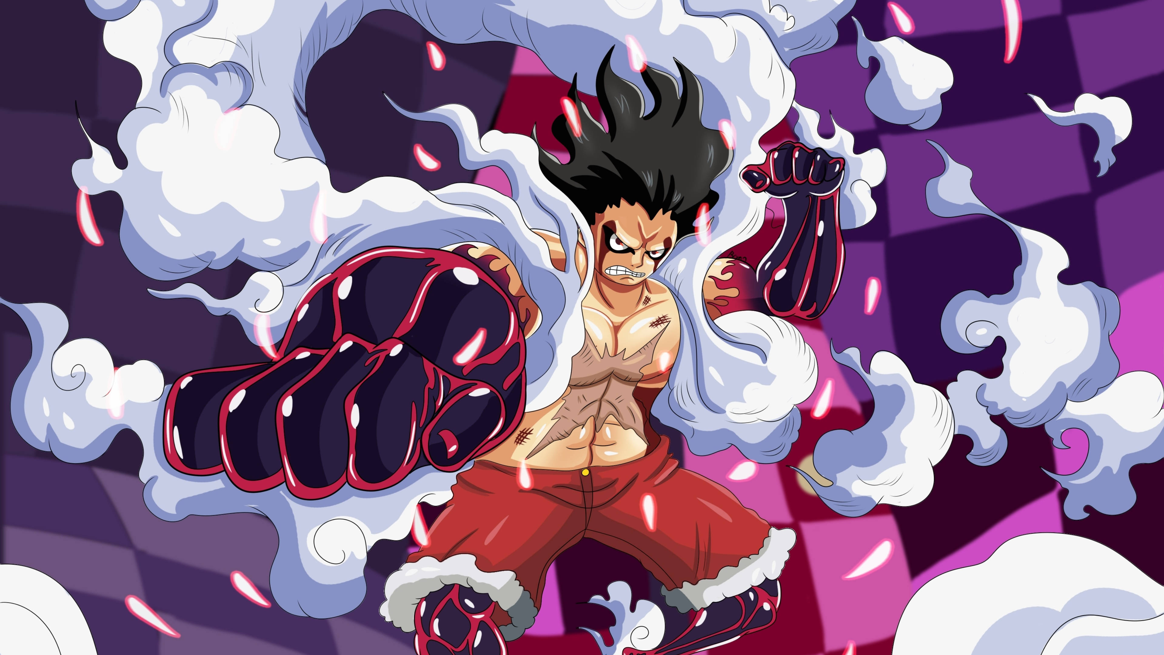 luffy 4K 桌布 壁紙 — 一位肌肉發達的動漫戰士，黑髮紅褲，在紫色格紋背景前，被旋轉的白煙包圍，釋放出強力一拳。