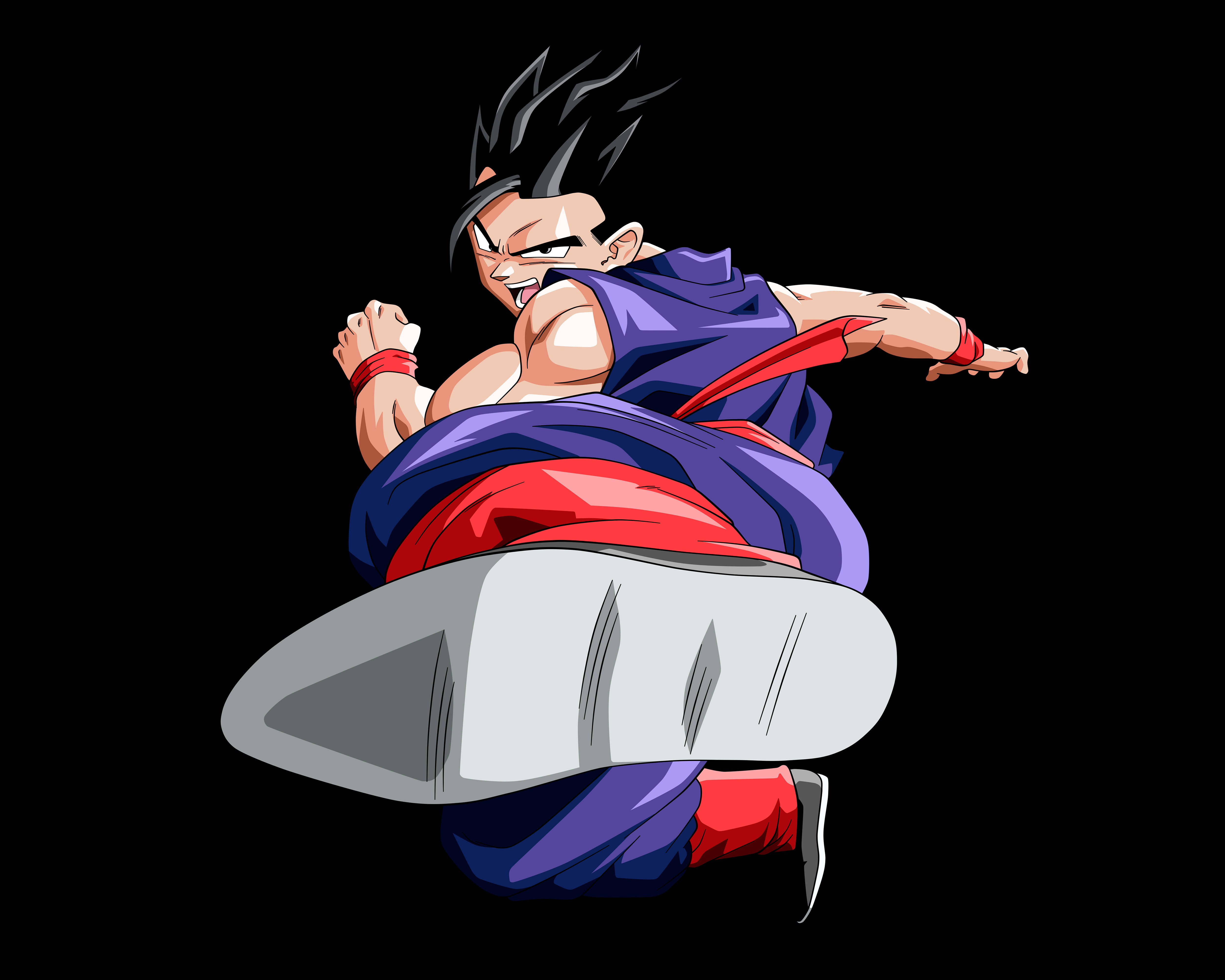 Gohan 桌布 壁紙 — 一位肌肉發達的動漫戰士穿著紫色和紅色的道服，在純黑色背景上動態跳躍。