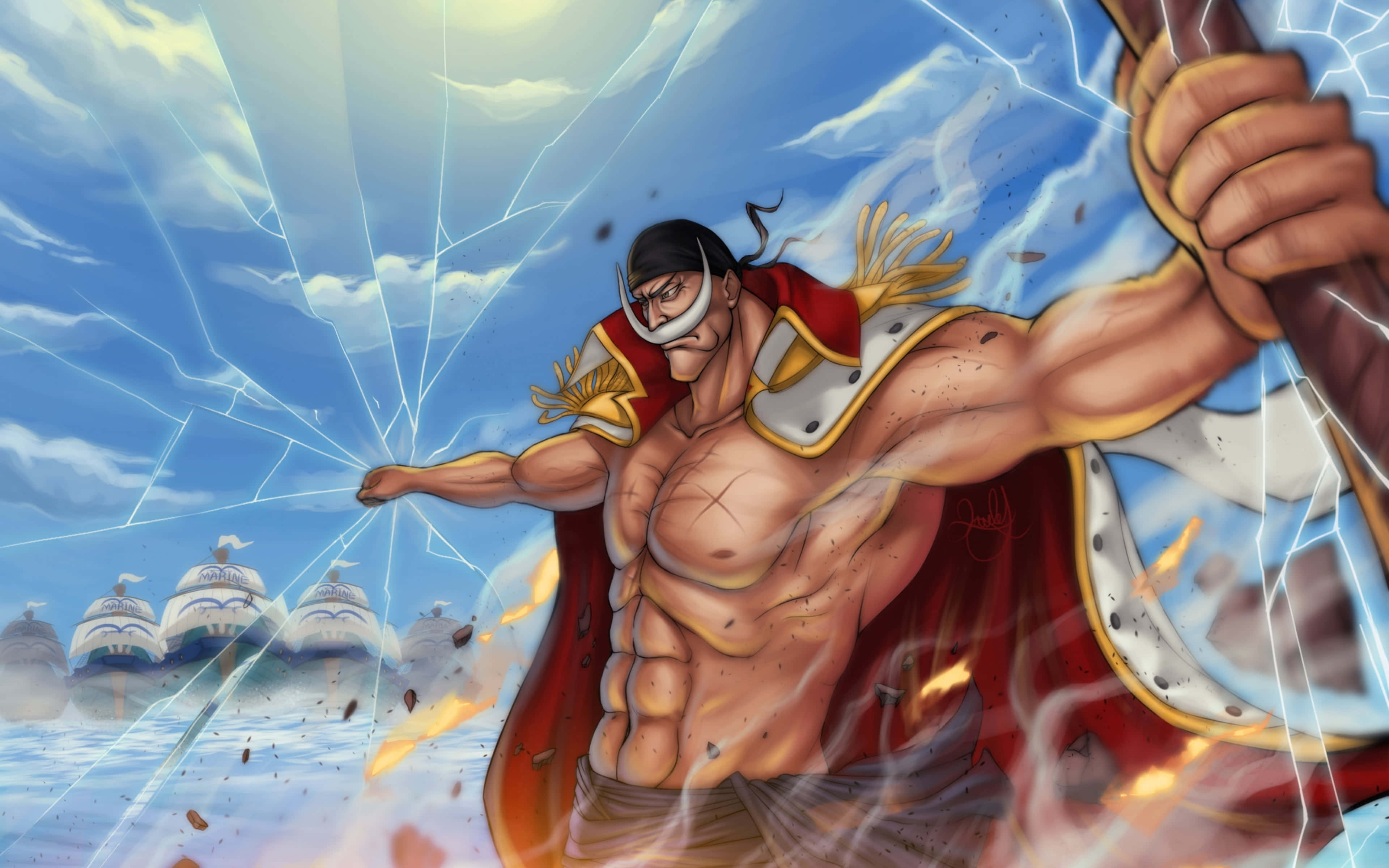 Whitebeard 桌布 壁紙 — 一位肌肉發達的動漫戰士身穿紅色斗篷，在明亮的藍天下以發光的能量擊碎玻璃效果。