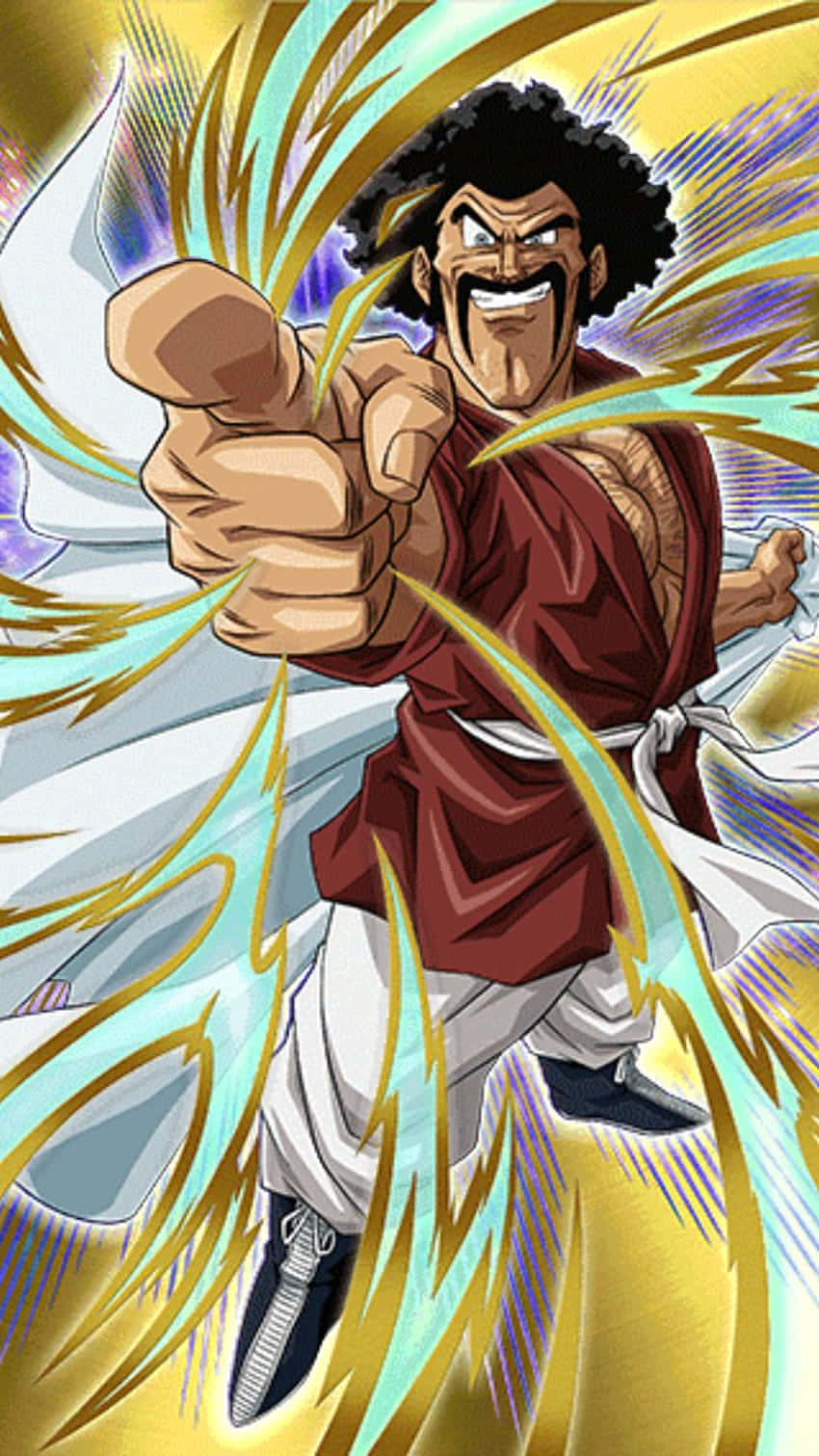 Hercule Satan 桌布 壁紙 — 一位肌肉發達的動漫戰士身穿紅色道服，在充滿活力的黃藍色背景前向前出拳，周圍散發出發光的能量條紋。