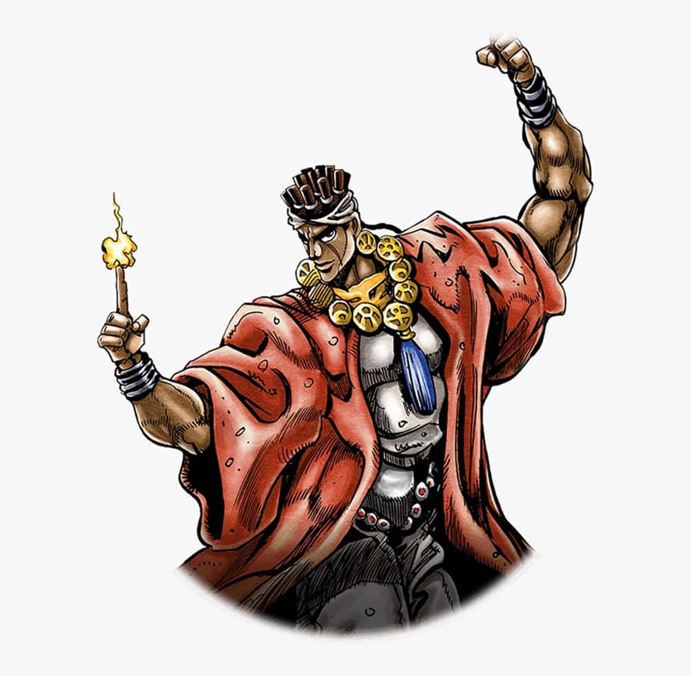 Muhammad Avdol 桌布 壁紙 — 一位肌肉發達的動漫戰士身穿紅色長袍，手持燃燒的火把，以強而有力的姿勢舉起拳頭。