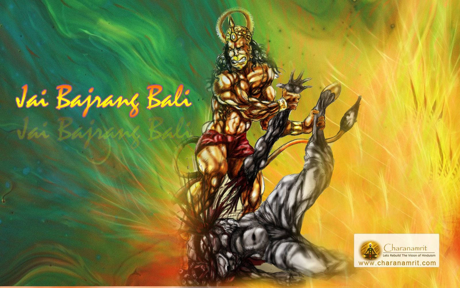angry hanuman 桌布 壁紙 — 一位肌肉發達的印度教神祇，戴著皇冠和紅色腰布，在旋轉的綠色和火橙色能量中與一個深色皮膚的惡魔戰鬥。