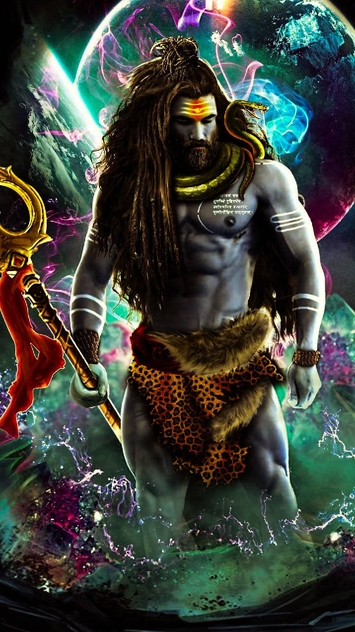 Mahadev Full HD 桌布 壁紙 — 一位肌肉發達的印度教神祇，留著長髮辮，戴著蛇形項鍊，在充滿發光行星和能量的宇宙背景下強勢站立。