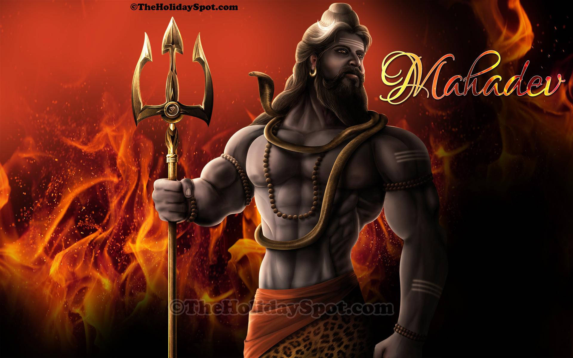 har har mahadev 桌布 壁紙 — 一位肌肉發達的印度教神祇，脖子上纏著一條蛇，手持金色三叉戟，背景是火紅和橙色的火焰。