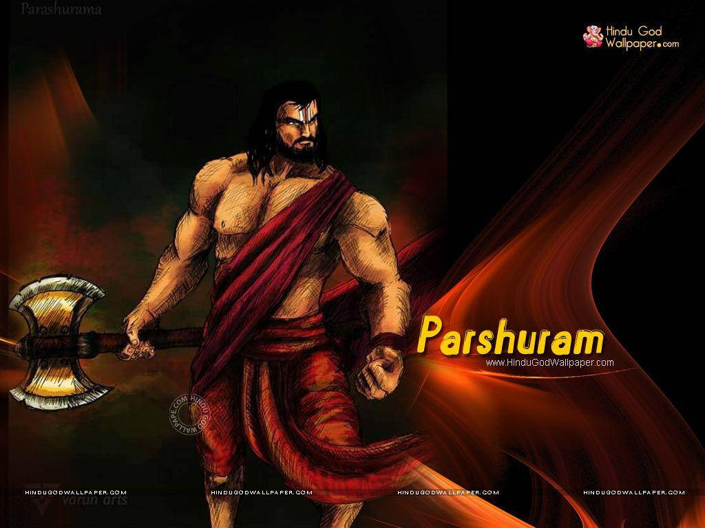 Parshuram 桌布 壁紙 — 一位肌肉發達的印度教神祇帕爾舒拉姆，在帶有火橙色條紋的黑暗背景下，挑釁地揮舞著一把巨大的斧頭。