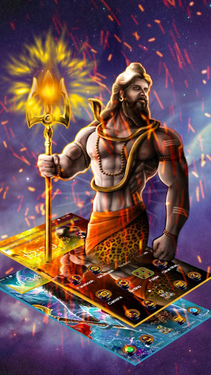 mahakal 3d 桌布 壁紙 — 一位肌肉發達的印度教神祇手持火焰三叉戟，站在發光的智慧型手機介面上，背景是宇宙星空。