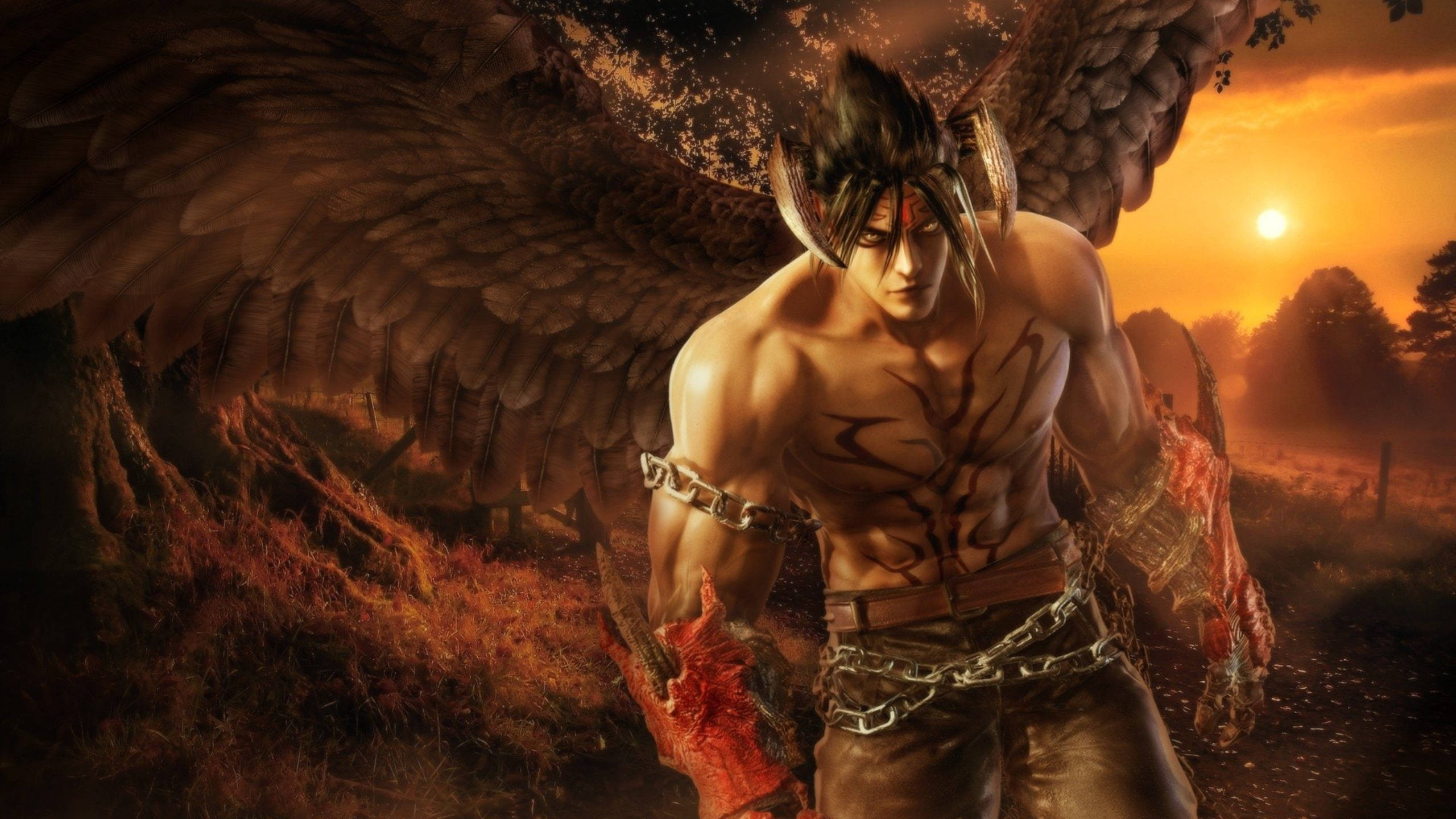 Tekken 桌布 壁紙 — 一位肌肉發達的天使戰士，擁有黑色翅膀和鎖鏈，在熾熱的日落景觀中挑釁地站立。