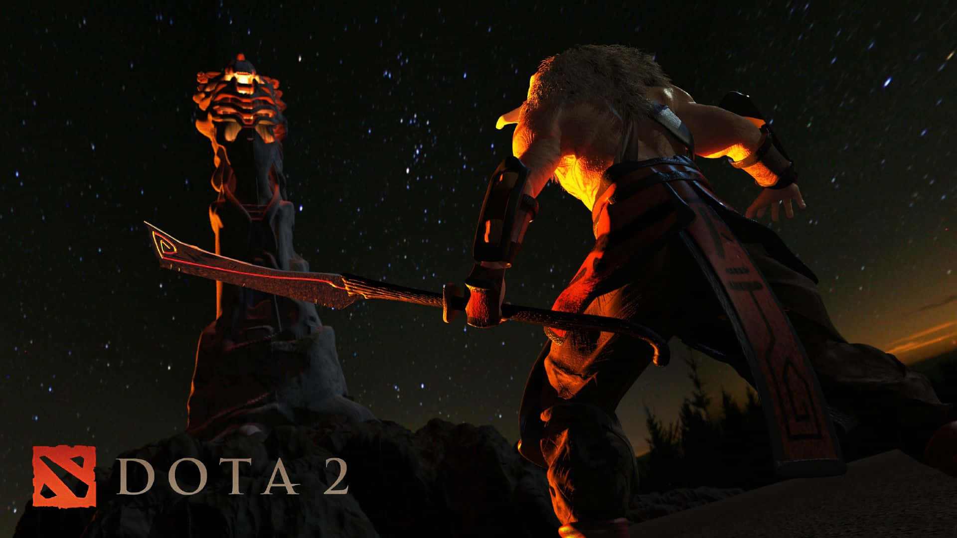 Best Dota 2 桌布 壁紙 — 一位肌肉發達的奇幻戰士，身穿發光的橙色盔甲，手持彎曲刀刃，在星空夜空下站在發光石紀念碑旁。