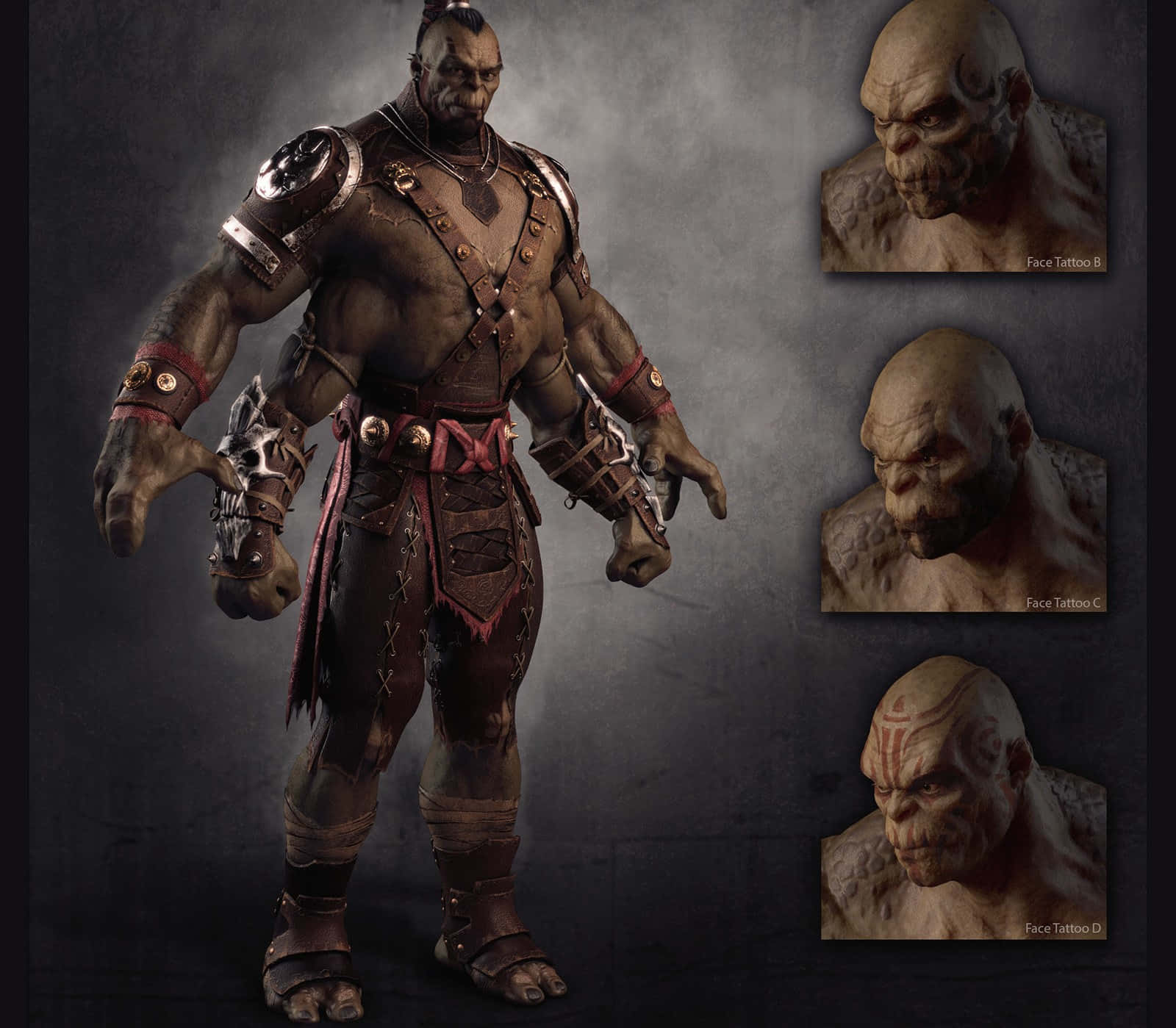 Mortal Kombat Goro 桌布 壁紙 — 一位肌肉發達的奇幻戰士身穿深色皮甲，戴著骷髏護手，旁邊有三個面部刺青特寫變體。