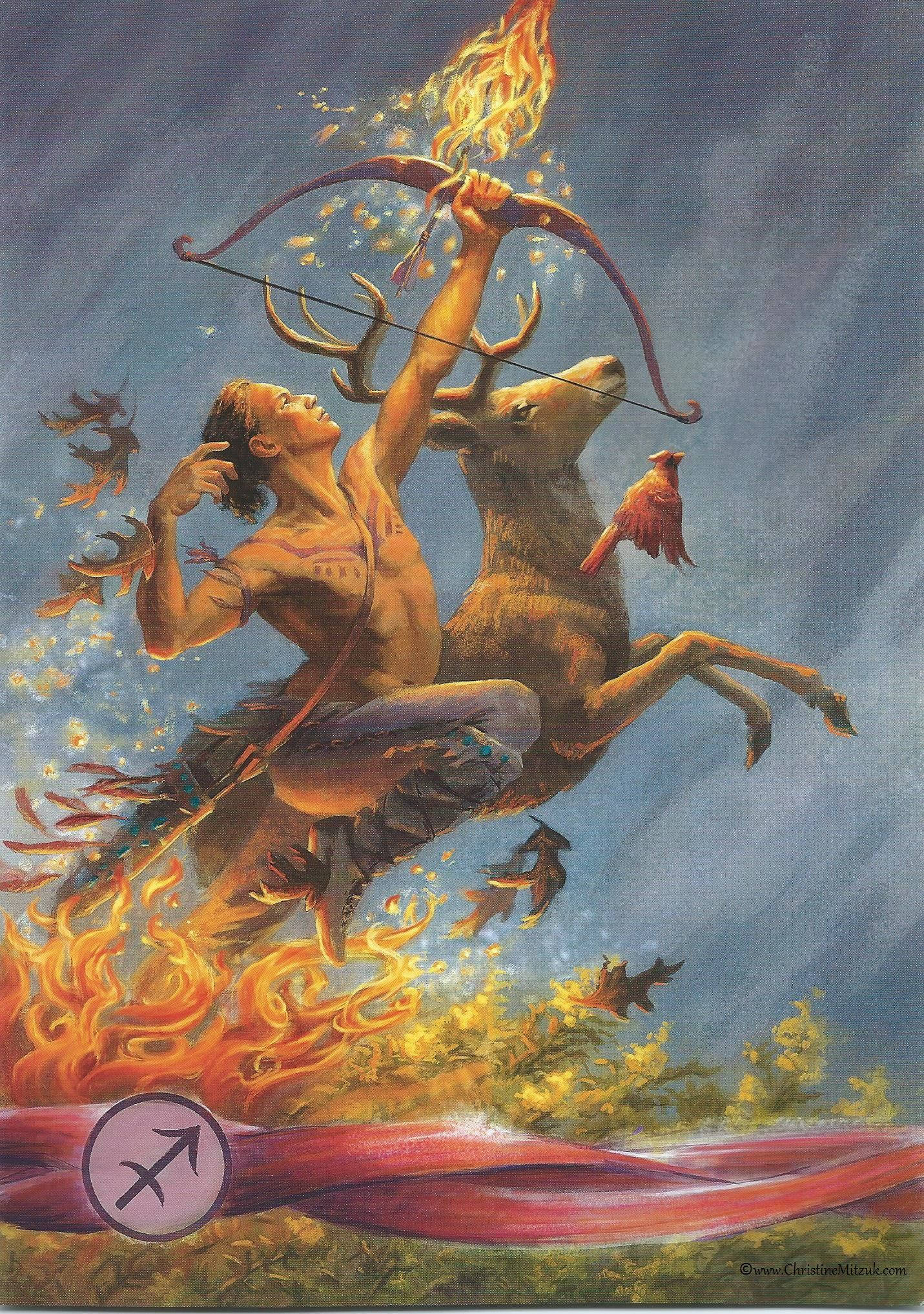 sagittarius 桌布 壁紙 — 一位肌肉發達的弓箭手騎著一頭火紅的鹿穿過暴風雨的天空，火焰從他的弓中迸發，一隻紅衣主教棲息在鹿上。