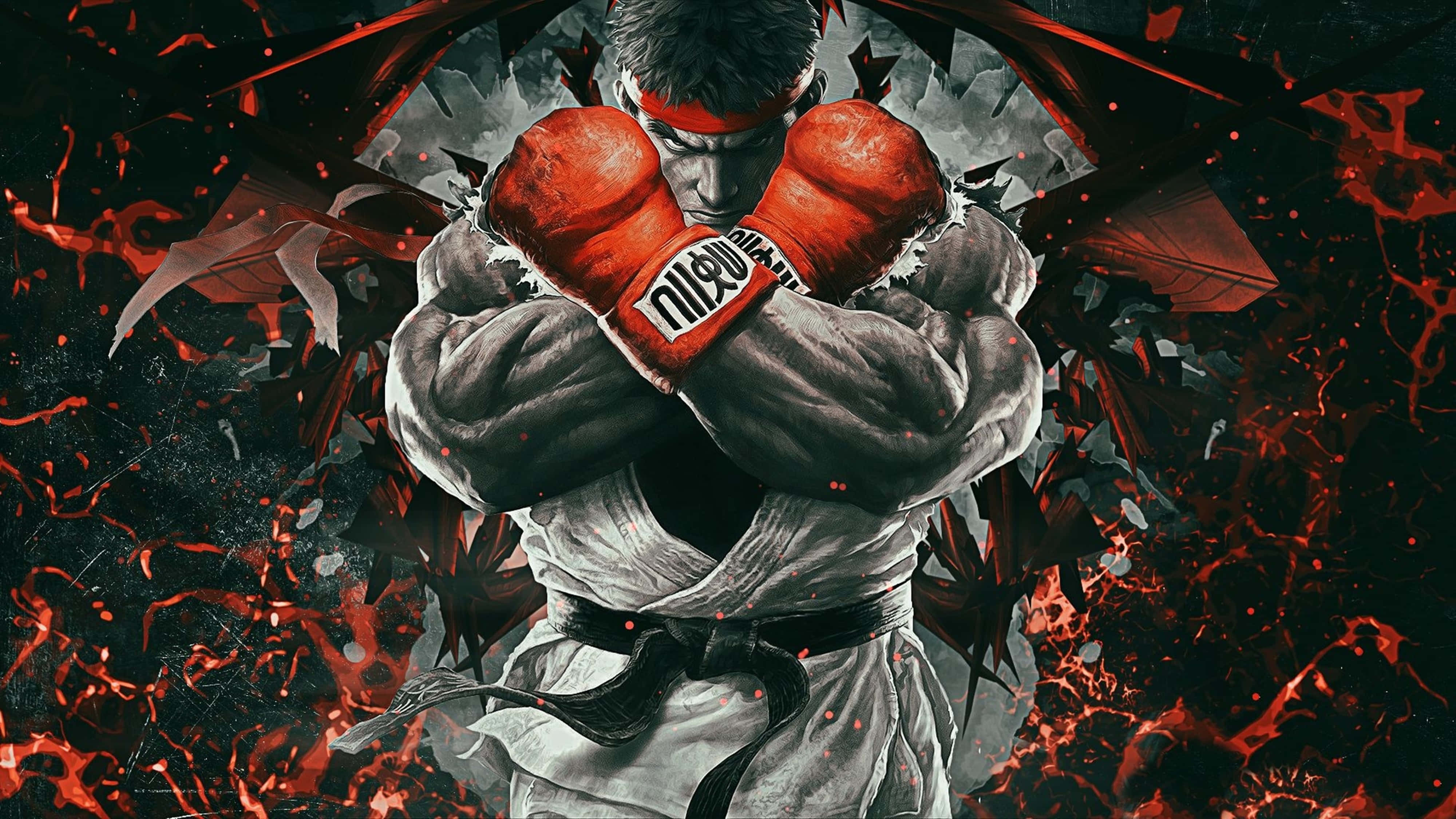 arcade 桌布 壁紙 — 一位肌肉發達的戰士，戴著紅色手套，身穿白色道服，衝破碎裂的牆壁，周圍爆發出熾熱的紅色能量。