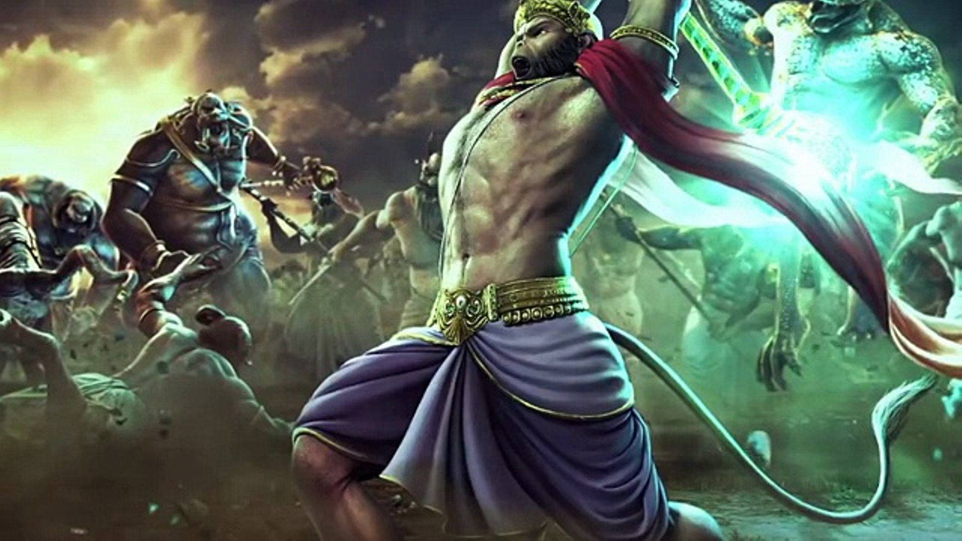 hanuman 4K HD 桌布 壁紙 — 一位肌肉發達的戰士，擁有獅尾和皇冠，在暴風雨的天空下與發光的綠色能量對抗怪物般的敵人。