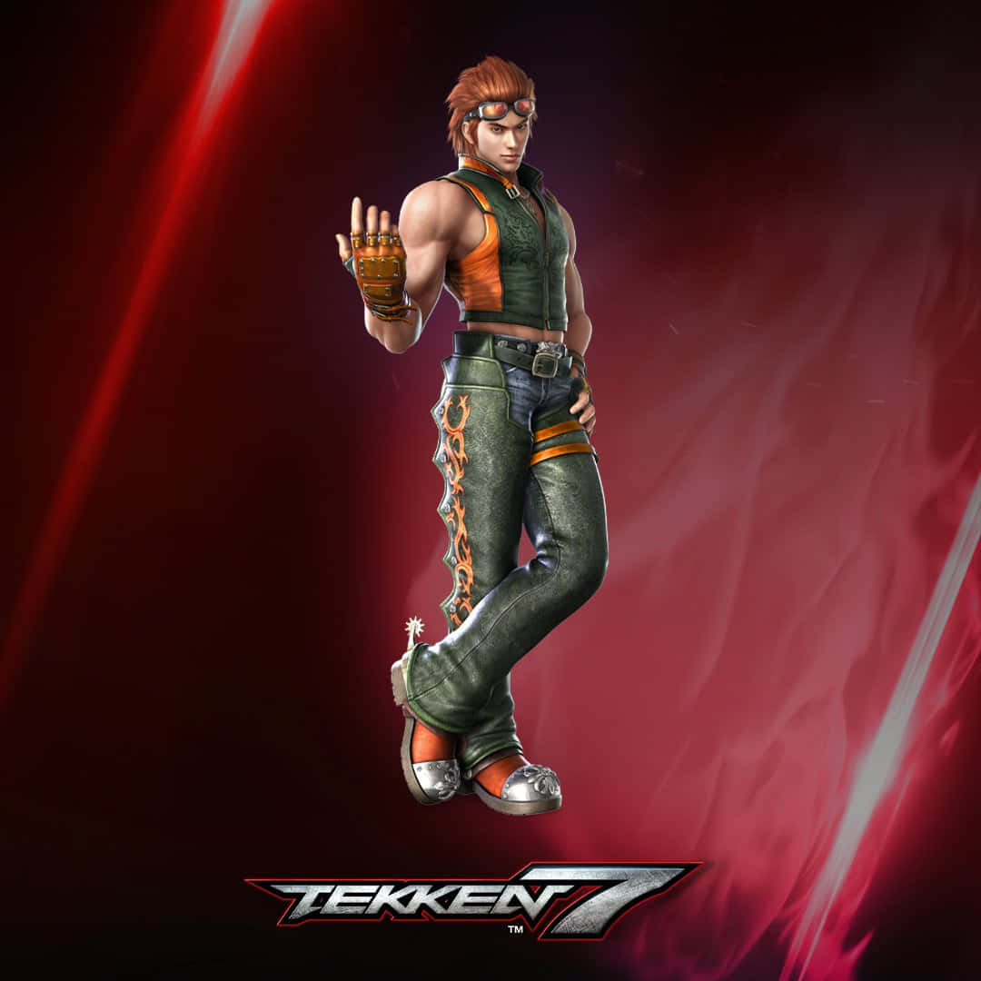 Tekken Characters 桌布 壁紙 — 一位肌肉發達的戰士，橙色頭髮和護目鏡，穿著綠色和橙色的裝備，在發光的紅色背景前擺姿勢。
