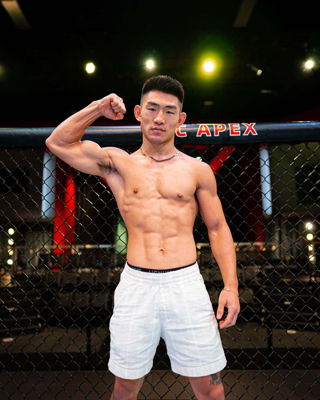 UFC 桌布 壁紙 — 一位肌肉發達的戰士在昏暗的MMA籠內展示二頭肌，帶有'APEX'品牌標誌。