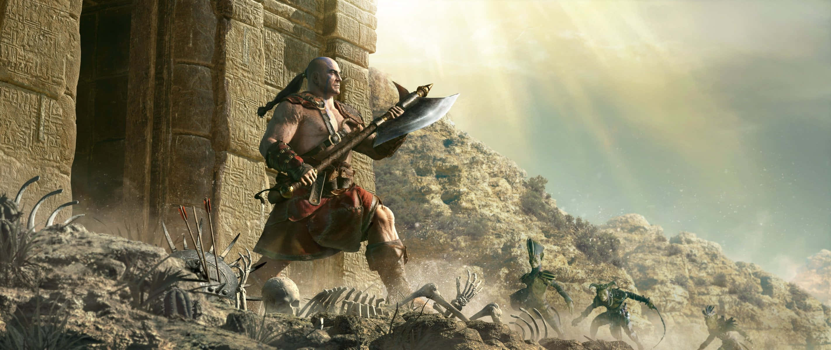 Diablo 2 Resurrected 桌布 壁紙 — 一位肌肉發達的戰士在陽光明媚的古代廢墟戰場上揮舞著巨大的斧頭對抗骷髏敵人。