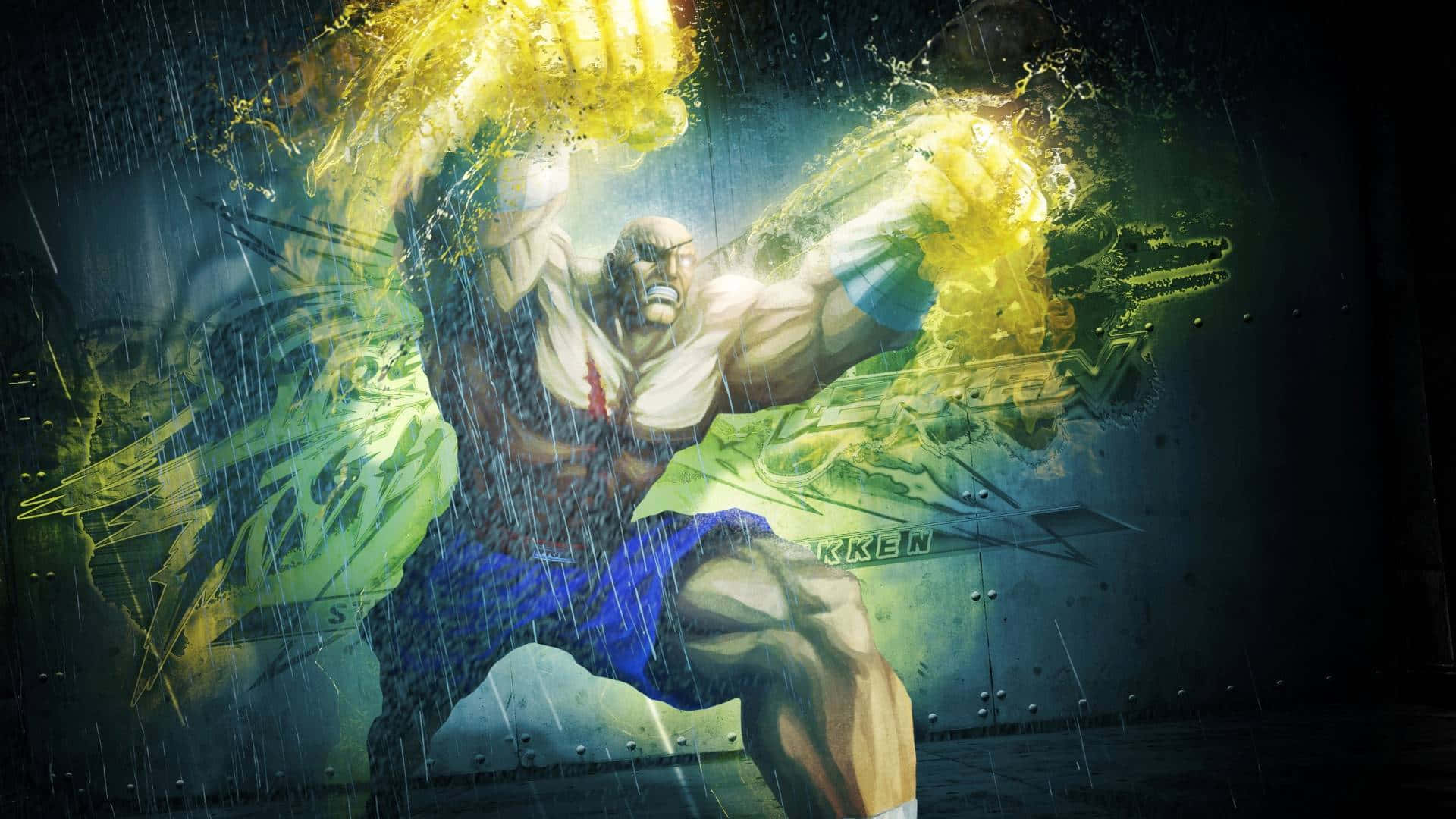 Street Fighter Characters 桌布 壁紙 — 一位肌肉發達的戰士在雨水浸透的競技場中釋放出發光的黃色拳頭，伴隨著動態的能量爆發和戲劇性的燈光。