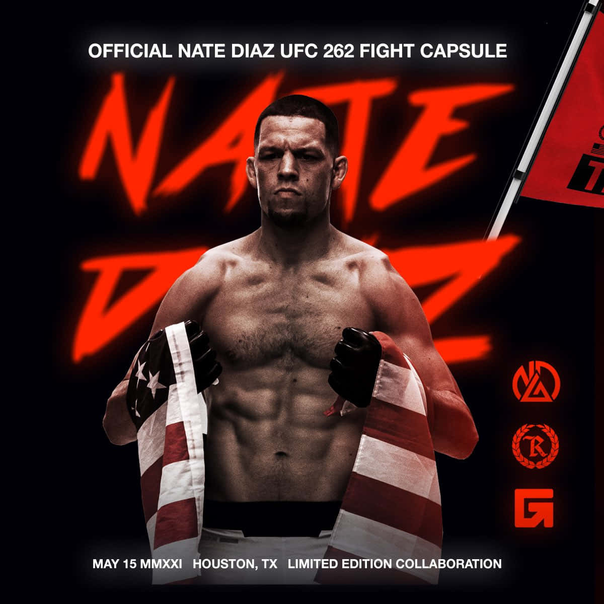 UFC 桌布 壁紙 — 一位肌肉發達的戰士帶著強烈的目光，在黑暗背景中閃爍的紅色文字下，將美國國旗披在肩上。