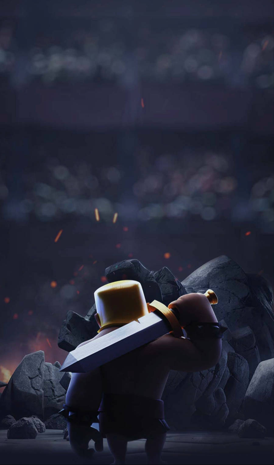 Clash Royale 桌布 壁紙 — 一位肌肉發達的戰士戴著黃色帽子，在黑暗的瓦礫中背光站立，背後是火焰和火花，面對模糊的人群，場景充滿戲劇性。