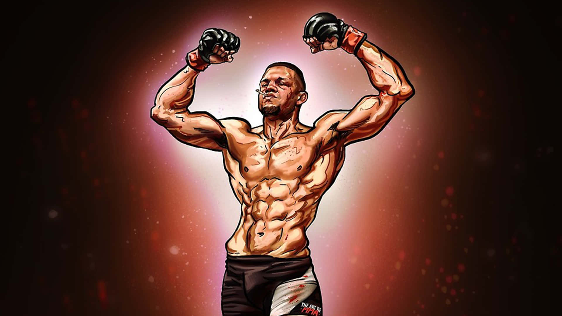 UFC 桌布 壁紙 — 一位肌肉發達的戰士戴著黑色手套和短褲，在發光的紅色和黑暗背景前勝利地舉起拳頭。