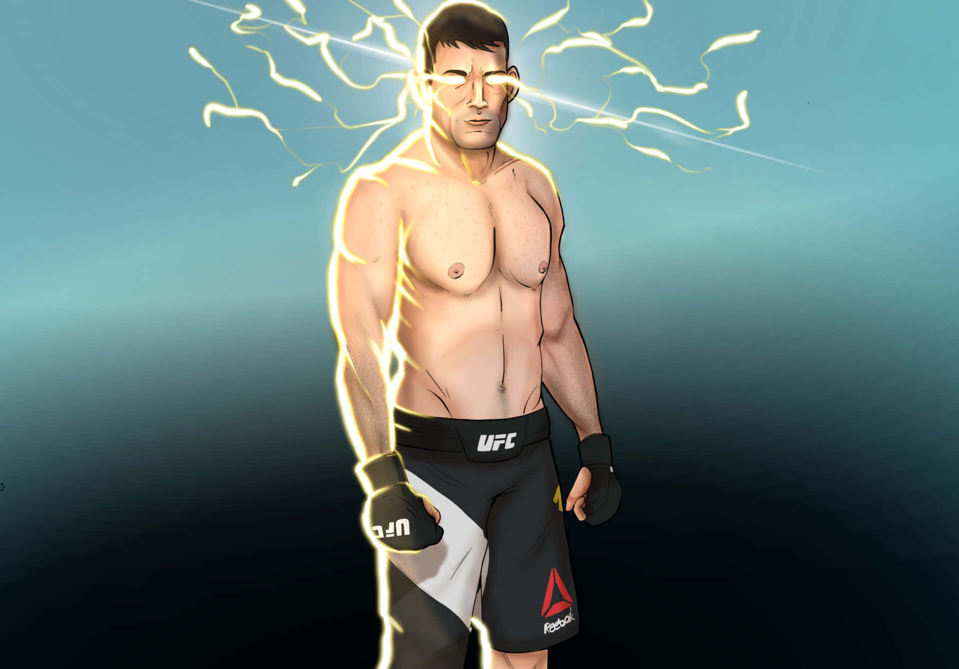 Champion 桌布 壁紙 — 一位肌肉發達的戰士穿著UFC短褲，在漸變藍色背景前，身體周圍散發著帶電閃電的電能。