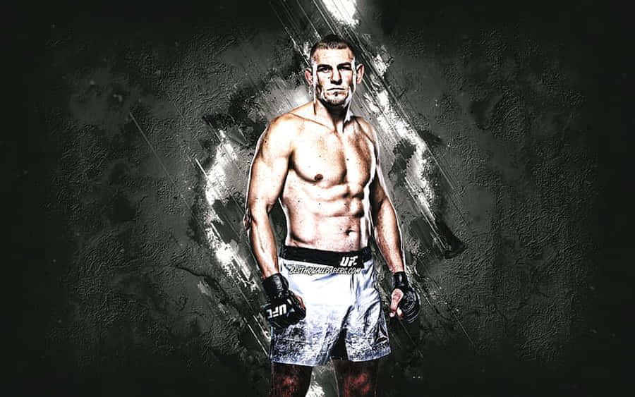 UFC 桌布 壁紙 — 一位肌肉發達的戰士穿著UFC短褲和手套，自信地站在帶有戲劇性白色條紋的深色紋理背景前。