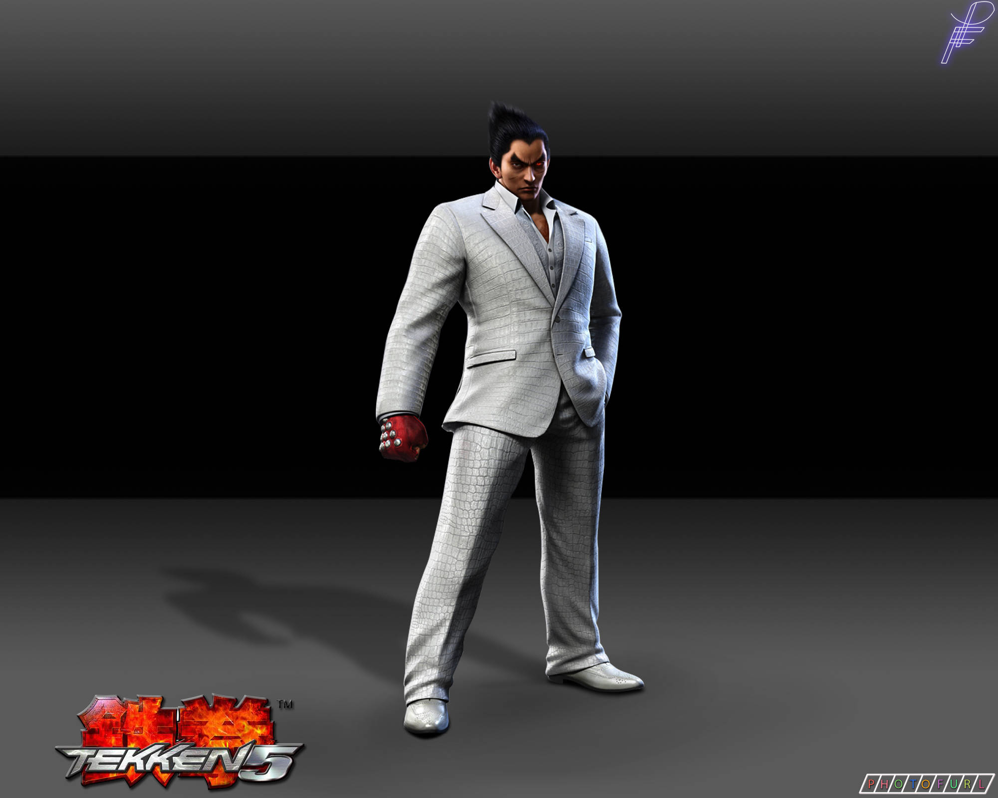 kazuya mishima 桌布 壁紙 — 一位肌肉發達的戰士穿著淺灰色西裝和紅色手套，自信地站在深色漸變背景前。