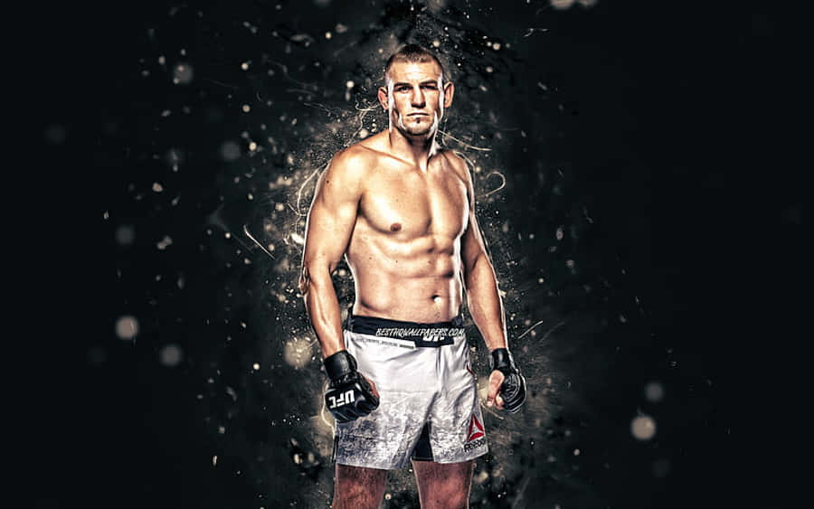 UFC 桌布 壁紙 — 一位肌肉發達的戰士穿著白色短褲和手套，站在黑暗背景前，周圍有發光的粒子旋轉。
