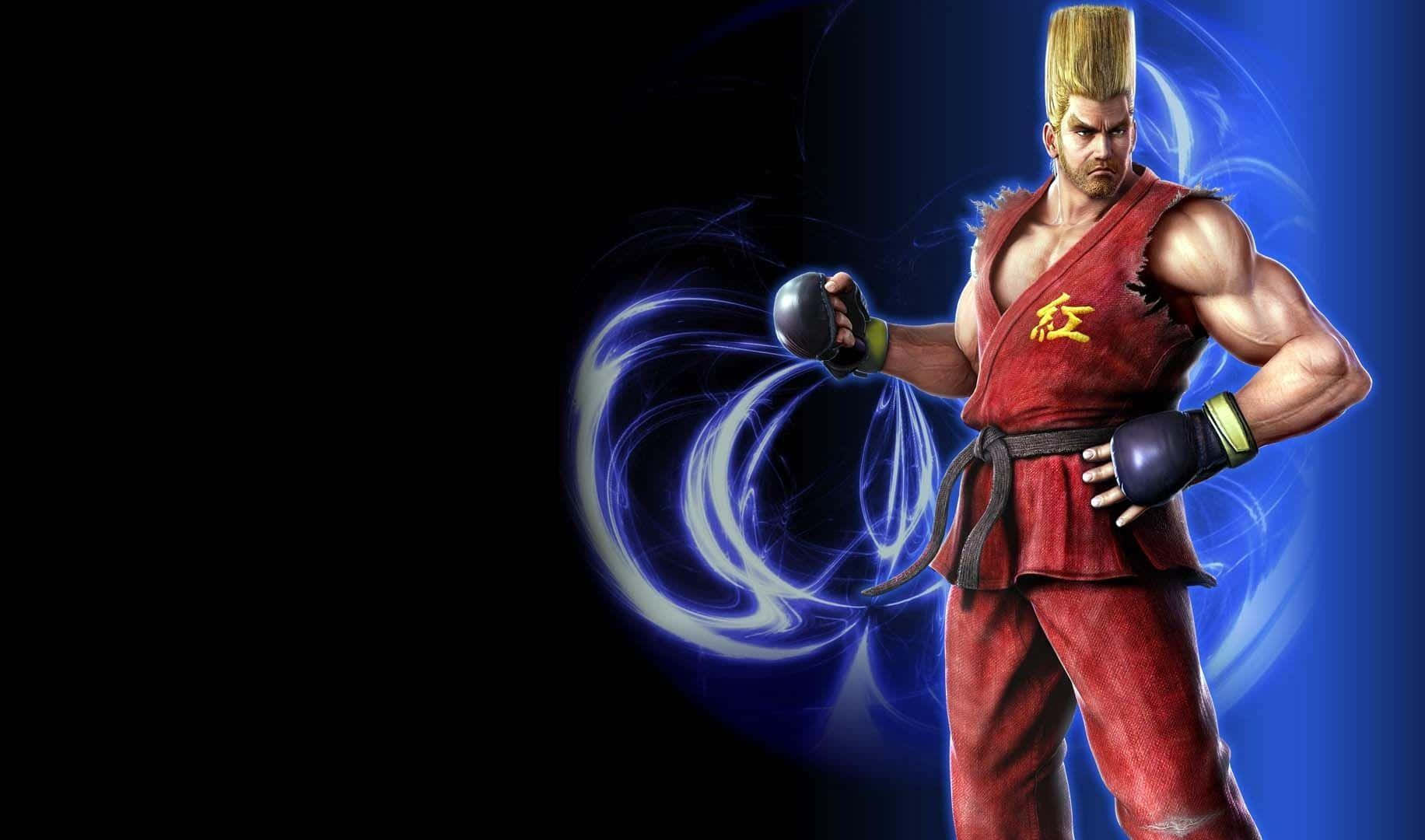 Tekken Characters 桌布 壁紙 — 一位肌肉發達的戰士穿著紅色道服，在黑暗的競技場中引導藍色能量，伴隨著旋轉的光效。