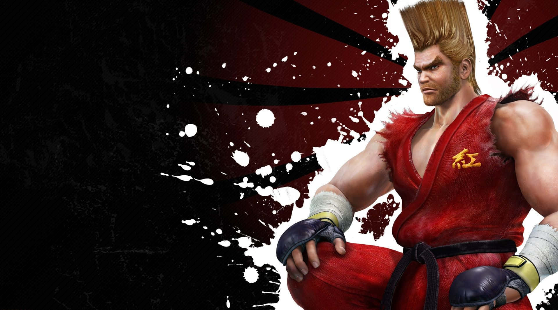 Tekken Characters 桌布 壁紙 — 一位肌肉發達的戰士穿著紅色道服，帶有黃色漢字符號，以戰鬥姿勢坐在動態的黑色和紅色潑濺背景前。