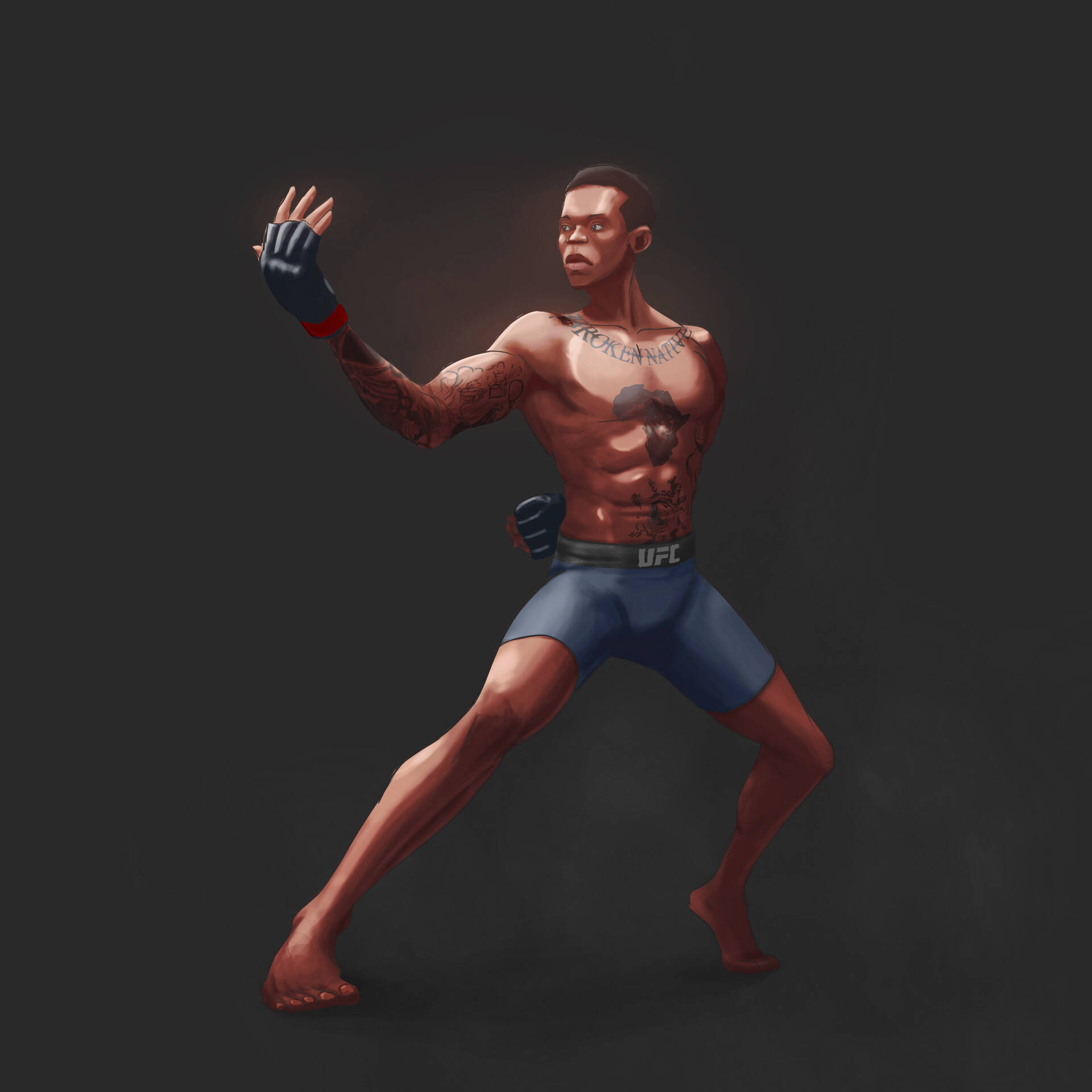Adesanya 桌布 壁紙 — 一位肌肉發達的戰士穿著藍色短褲和手套，在深色背景下擺出動態武術姿勢。