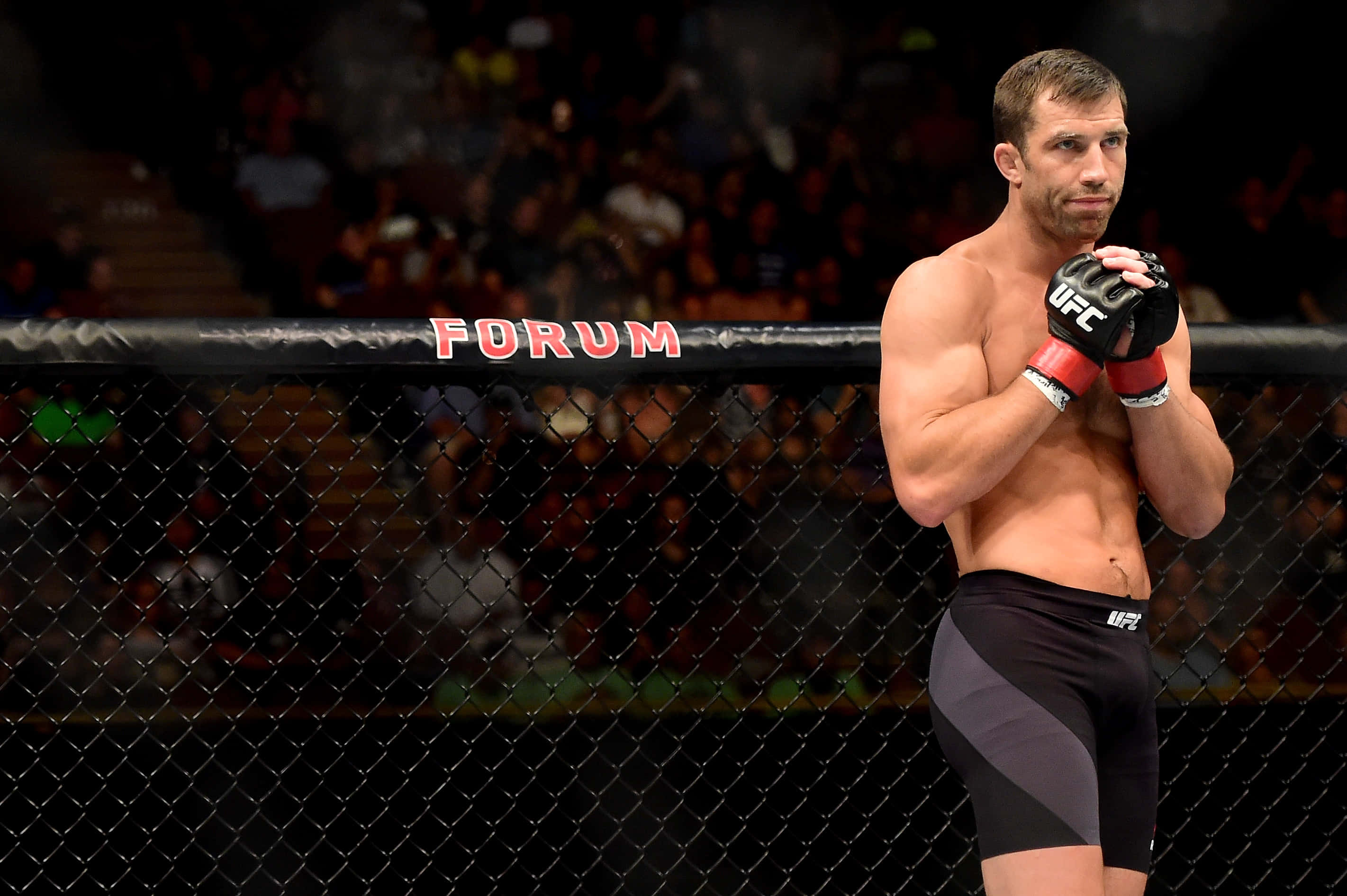 UFC 桌布 壁紙 — 一位肌肉發達的戰士穿著黑色短褲和手套，站在帶有 'FORUM' 標誌的 UFC 八角籠內，雙臂交叉，在競技場燈光下。