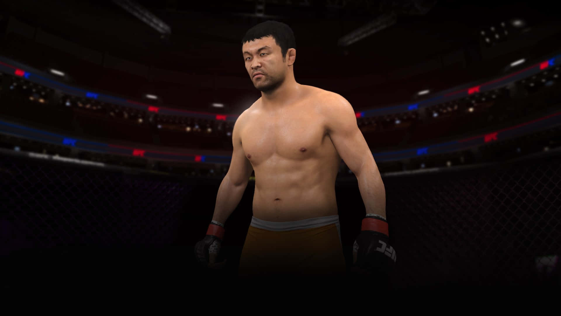 game 桌布 壁紙 — 一位肌肉發達的戰士站在燈光昏暗的MMA八角籠中，紅色和藍色的燈光照亮了他身後擠滿觀眾的競技場。