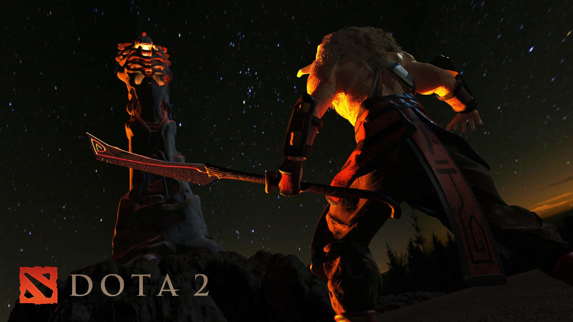 HD Dota 2 桌布 壁紙 — 一位肌肉發達的戰士身穿發光的橙色盔甲，在繁星點點的夜空下，手持彎曲的刀刃，站在一個發光的石頭紀念碑旁。
