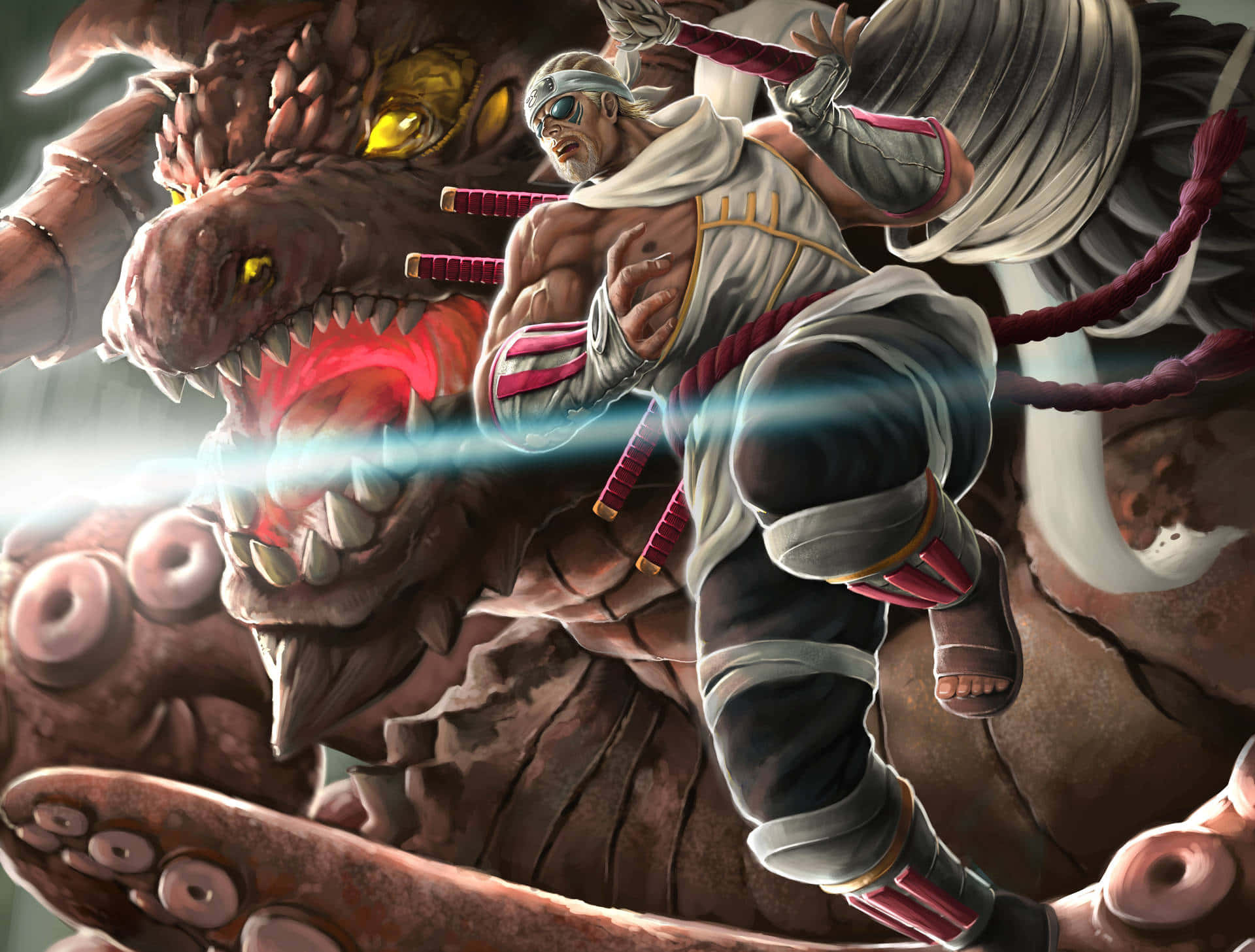 Tailed Beasts 桌布 壁紙 — 一位肌肉發達的戰士身穿白色和紅色的裝備，動態跳躍，揮舞著發光的劍，對抗一個擁有發光黃色眼睛的巨大多肢怪物。
