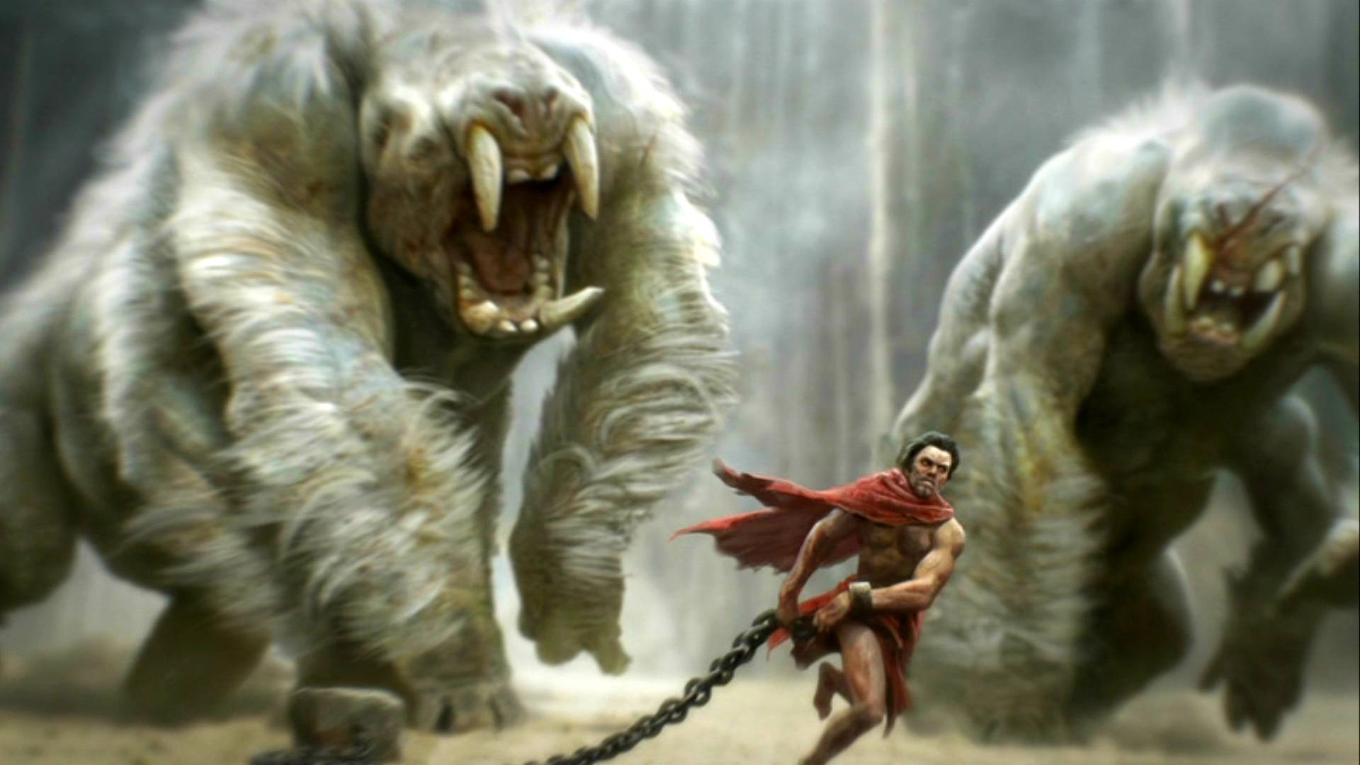 john carter 桌布 壁紙 — 一位肌肉發達的戰士身穿紅色斗篷，在塵土飛揚、風雨交加的荒野中與兩隻巨大的咆哮劍齒獸搏鬥。