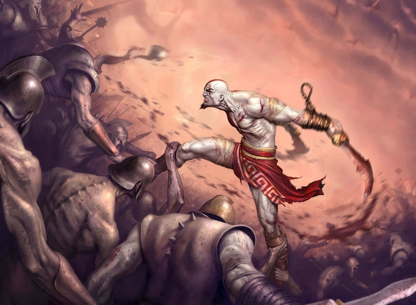 God Of War 3 桌布 壁紙 — 一位肌肉發達的戰士身穿紅色纏腰布，在旋轉的沙塵暴中對裝甲敵人發動強力踢擊。