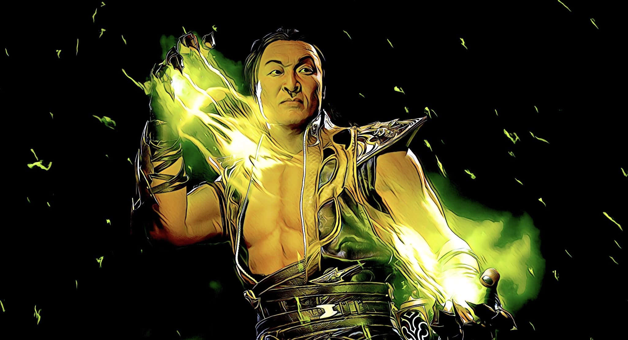 Mortal Kombat Shang Tsung 桌布 壁紙 — 一位肌肉發達的戰士身穿華麗盔甲，在黑暗背景下從舉起的手中引導發光的綠色能量。