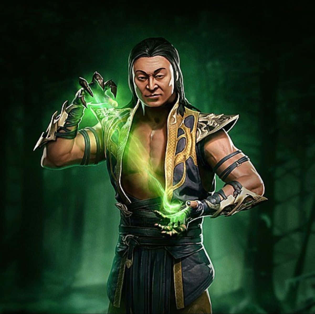 Mortal Kombat Shang Tsung 桌布 壁紙 — 一位肌肉發達的戰士身穿華麗盔甲，在黑暗森林中雙手之間引導發光的綠色能量。