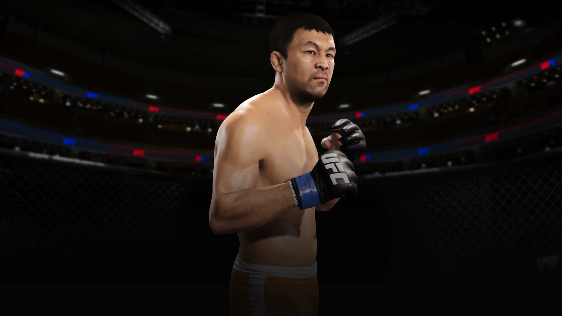 sport 桌布 壁紙 — 一位肌肉發達的拳手戴著UFC手套，站在燈光昏暗的八角籠內，背景是模糊的體育場燈光。