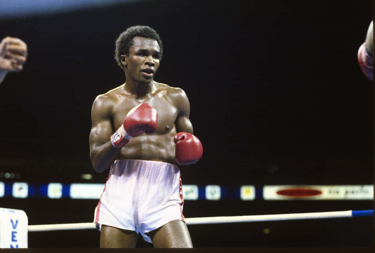 Boxing 桌布 壁紙 — 一位肌肉發達的拳擊手，戴著紅色手套和白色短褲，在昏暗的擂台上以專注的強度保持警覺。