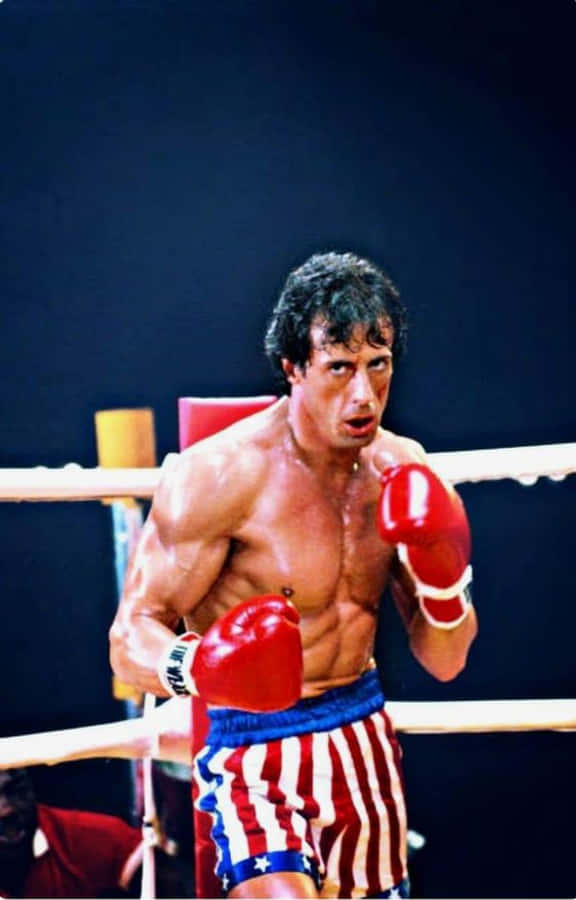 Boxing 桌布 壁紙 — 一位肌肉發達的拳擊手，戴著紅色手套和愛國短褲，在昏暗的擂台上警覺地站著，準備戰鬥。