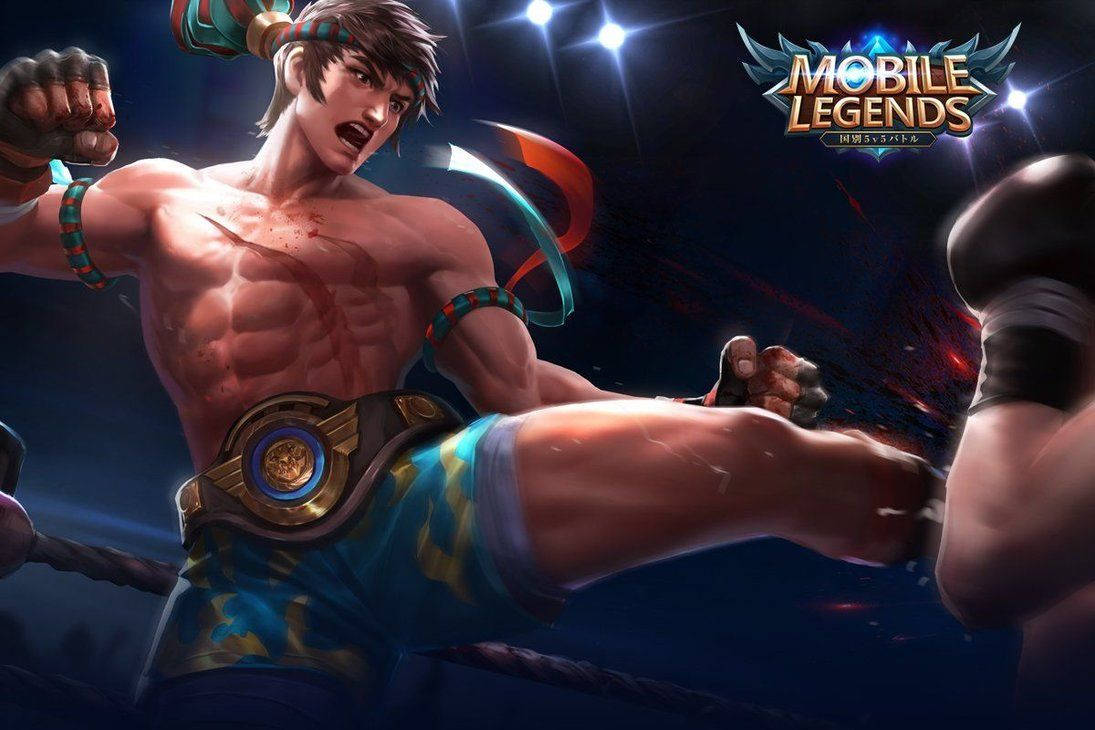 拳擊手在場上踢出強力一腳，帶著冠軍腰帶，在場館燈光下 — Mobile Legends 動態圖 壁紙