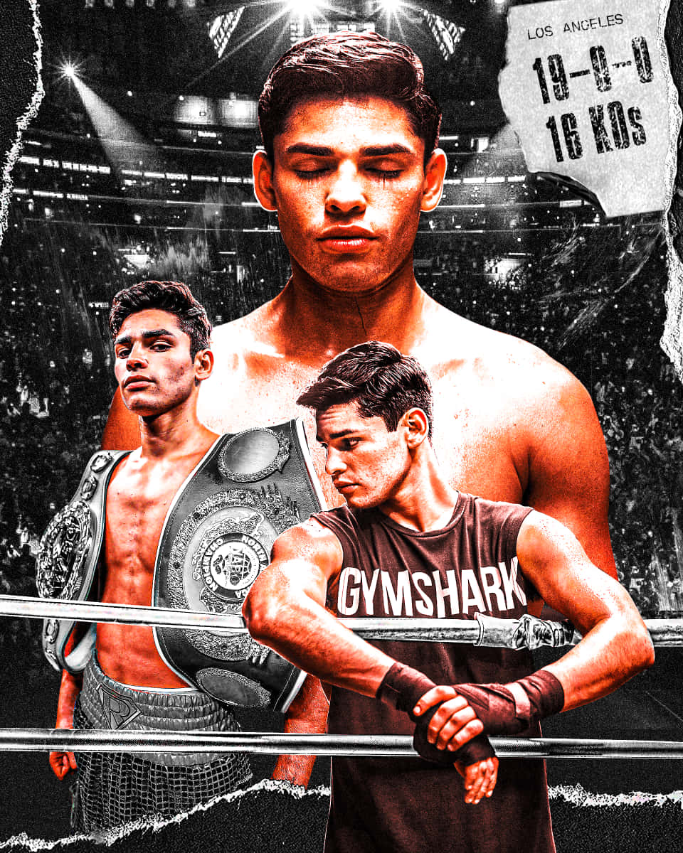 Boxing 桌布 壁紙 — 一位肌肉發達的拳擊手在擂台上，腰間繫著冠軍腰帶，身穿「Gymshark」襯衫，處於戲劇性的聚光燈下。