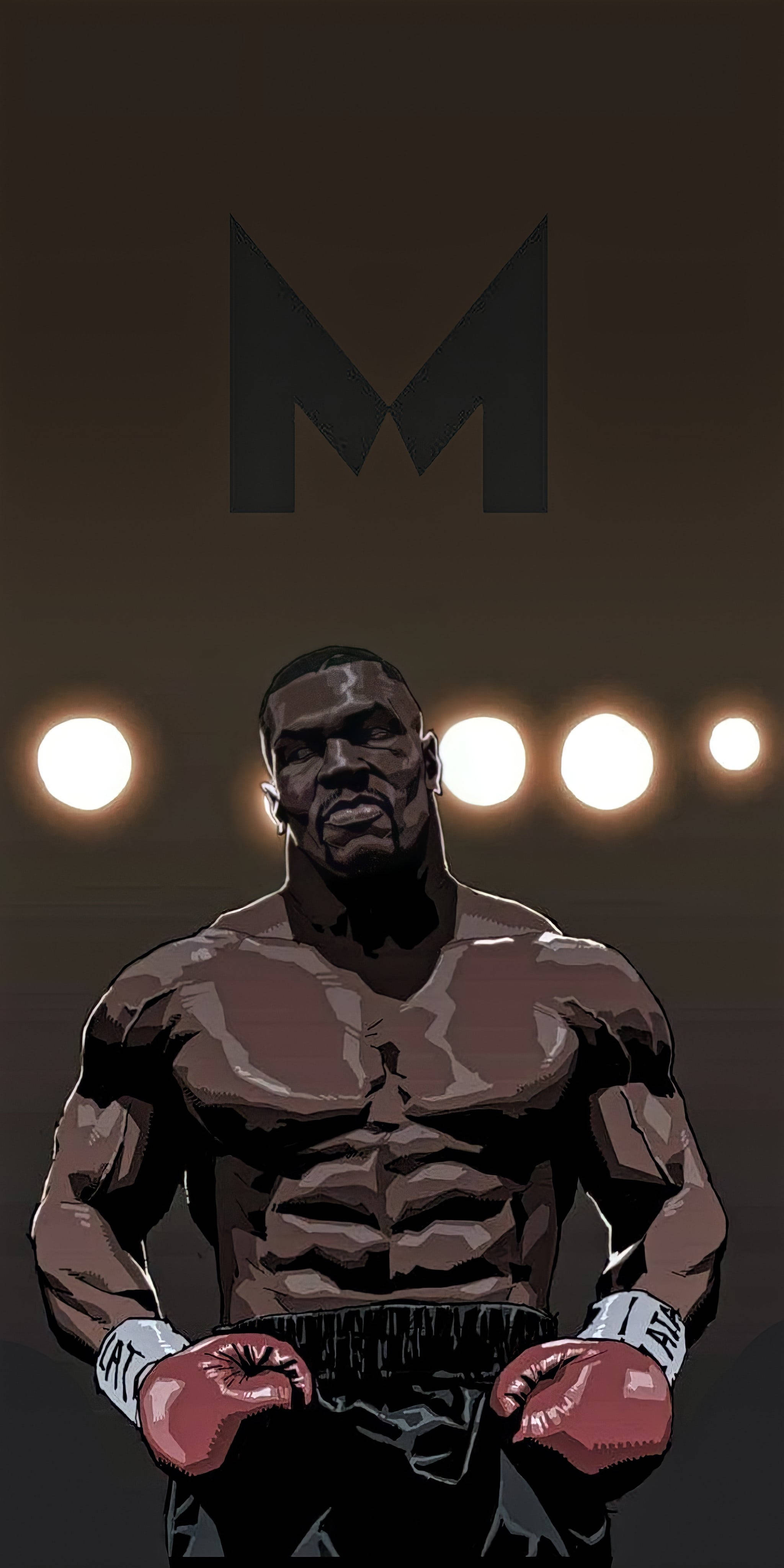 Boxing 桌布 壁紙 — 一位肌肉發達的拳擊手戴著紅色手套，站在明亮的擂台燈光下，上方有一個大型「M」標誌，處於戲劇性的黑暗競技場中。